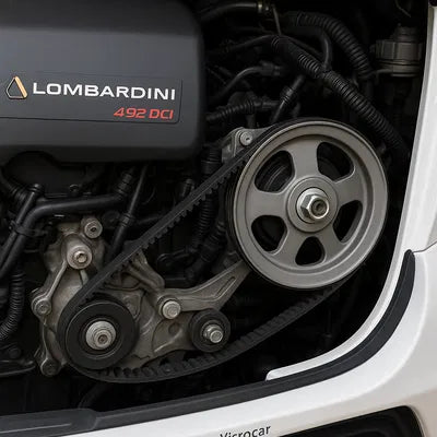 How do you replace the AC belt on a Ligier / Microcar moped car with a Lombardini 492 DCI engine?